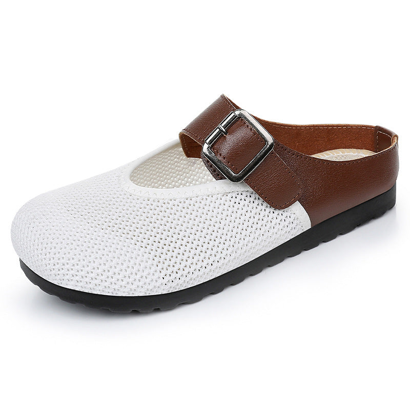Women knitted comfort mule with adjustable leather strap, breathable knitted upper and cushioning EVA outsole Mune Fashion