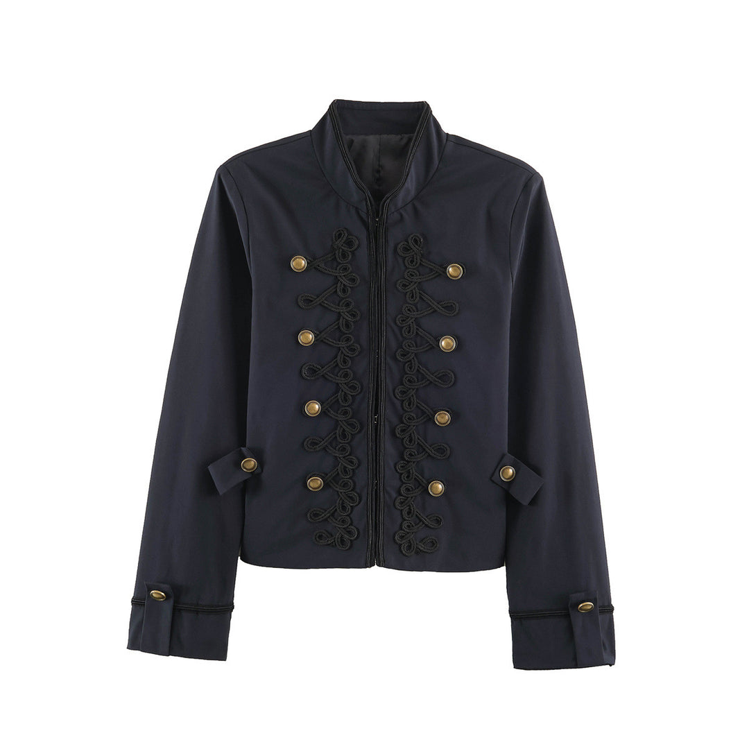 Women's Short Military Style Jacket with Ornamental Cord and Button Decoration Mune Fashion