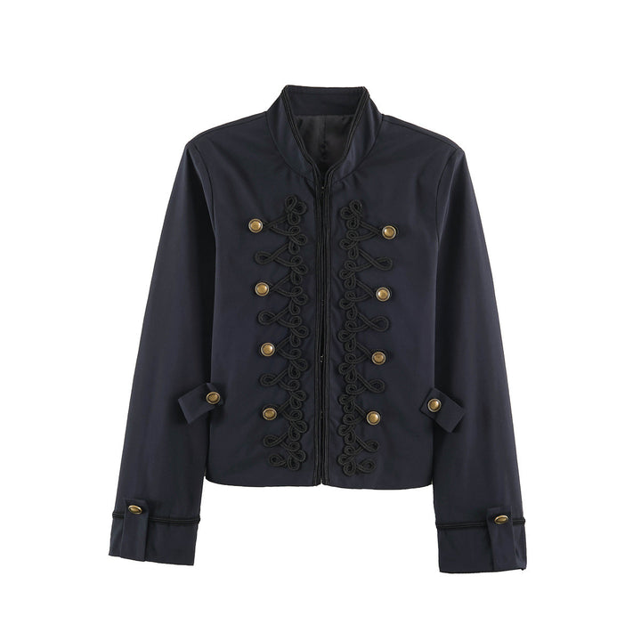 Women's Short Military Style Jacket with Ornamental Cord and Button Decoration Mune Fashion