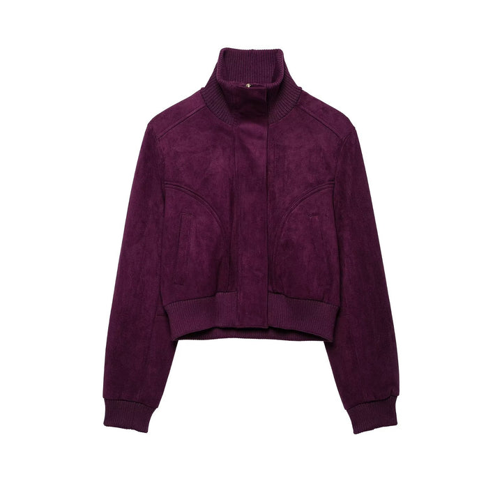Women Cropped Velvet Jacket in Bomber Style with High Ribbed Collar and Waistband Mune Fashion