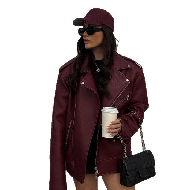Women Oversize Biker Jacket made of textured synthetic leather with asymmetrical zipper Mune Fashion