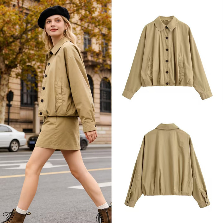 Women's Lightweight Cropped Bomber Jacket with Button Placket and Elastic Hem Mune Fashion
