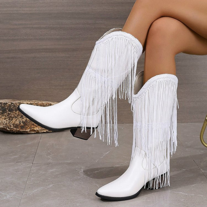 Women's knee-high fringe cowboy boots with fine beaded fringe decoration and sculpted block heel Mune Fashion