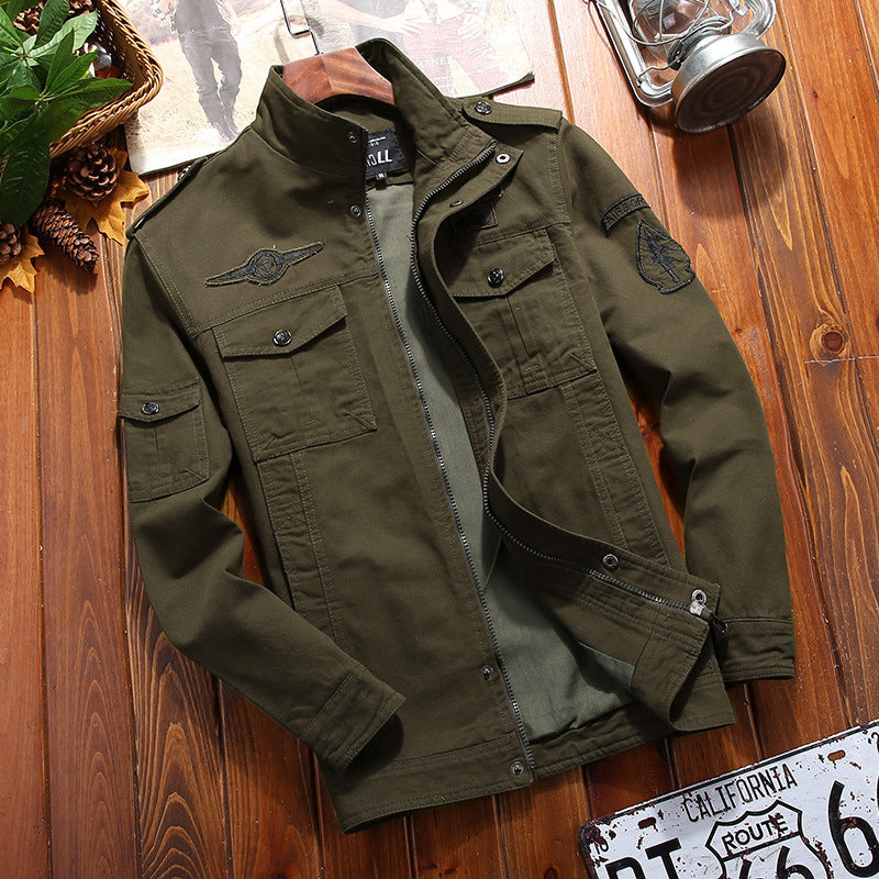 Men's lightweight canvas military jacket with stand-up collar, epaulets, and multiple flap pockets Mune Fashion