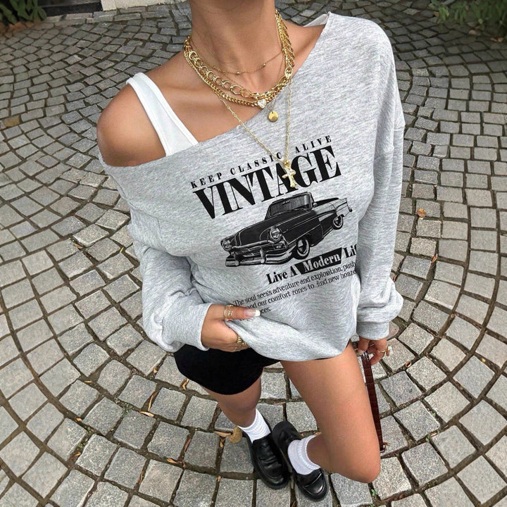 Women's Oversized Sweatshirt with Vintage Car Print and Drop Shoulder