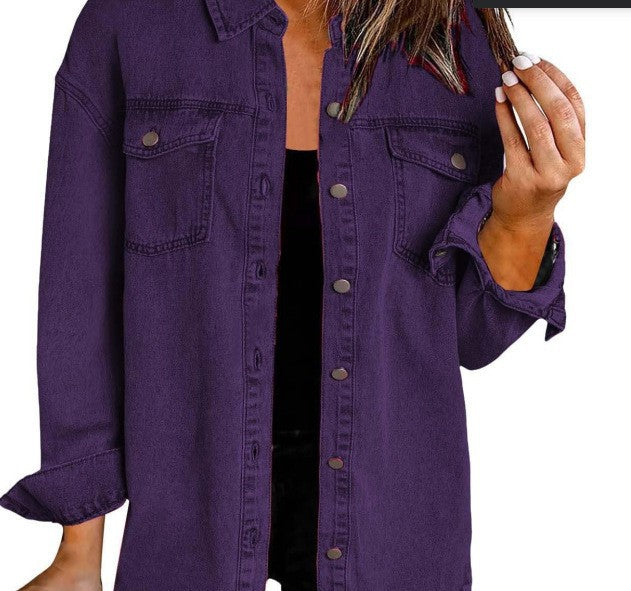 Ladies Denim Overshirt with Fringed Hem and Chest Pockets Mune