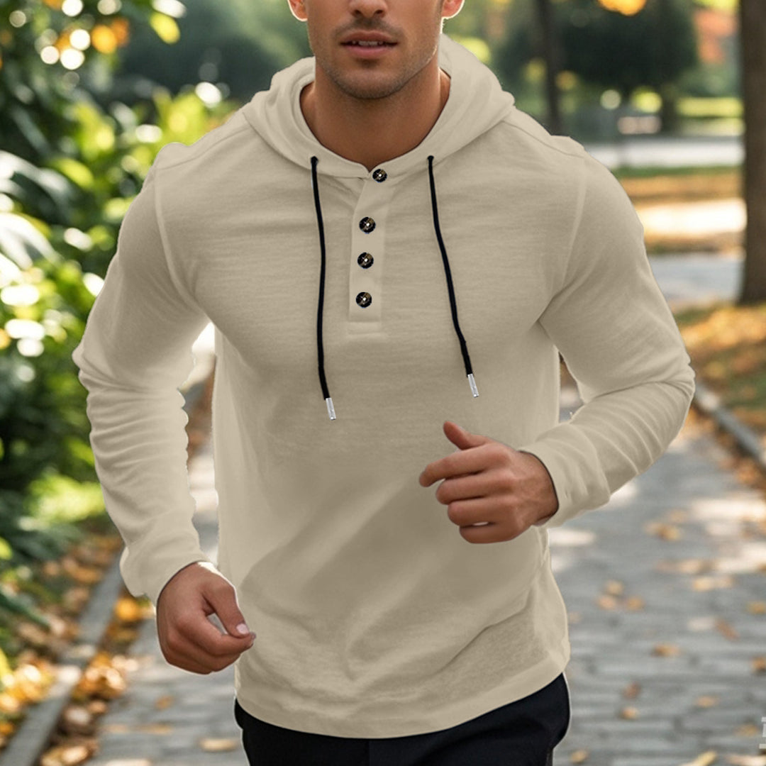 Men's casual hoodie in Henley style with button placket and adjustable drawstring Mune Fashion