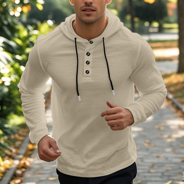 Men's casual hoodie in Henley style with button placket and adjustable drawstring Mune Fashion