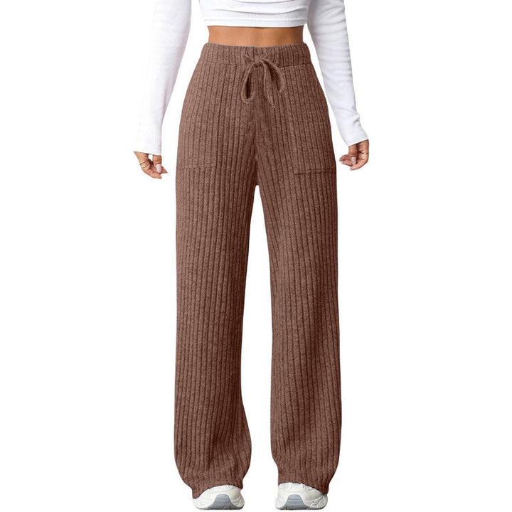 Ladies Wide Ribbed Lounge Pants with Drawstring and Patch Pockets Mune Fashion