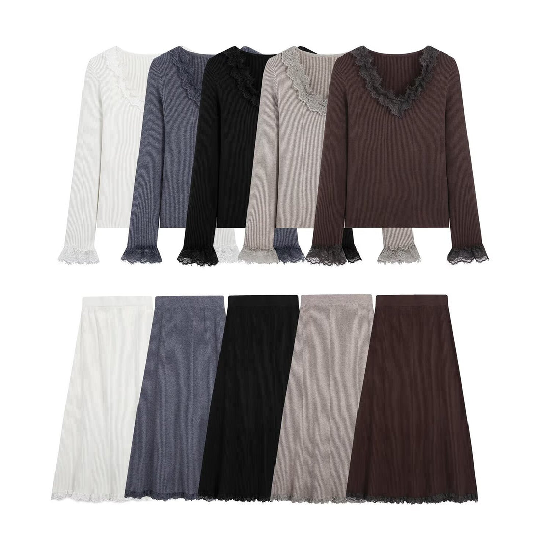 Women Two-Piece Ribbed Knit Set with Lace Trim Mune Fashion