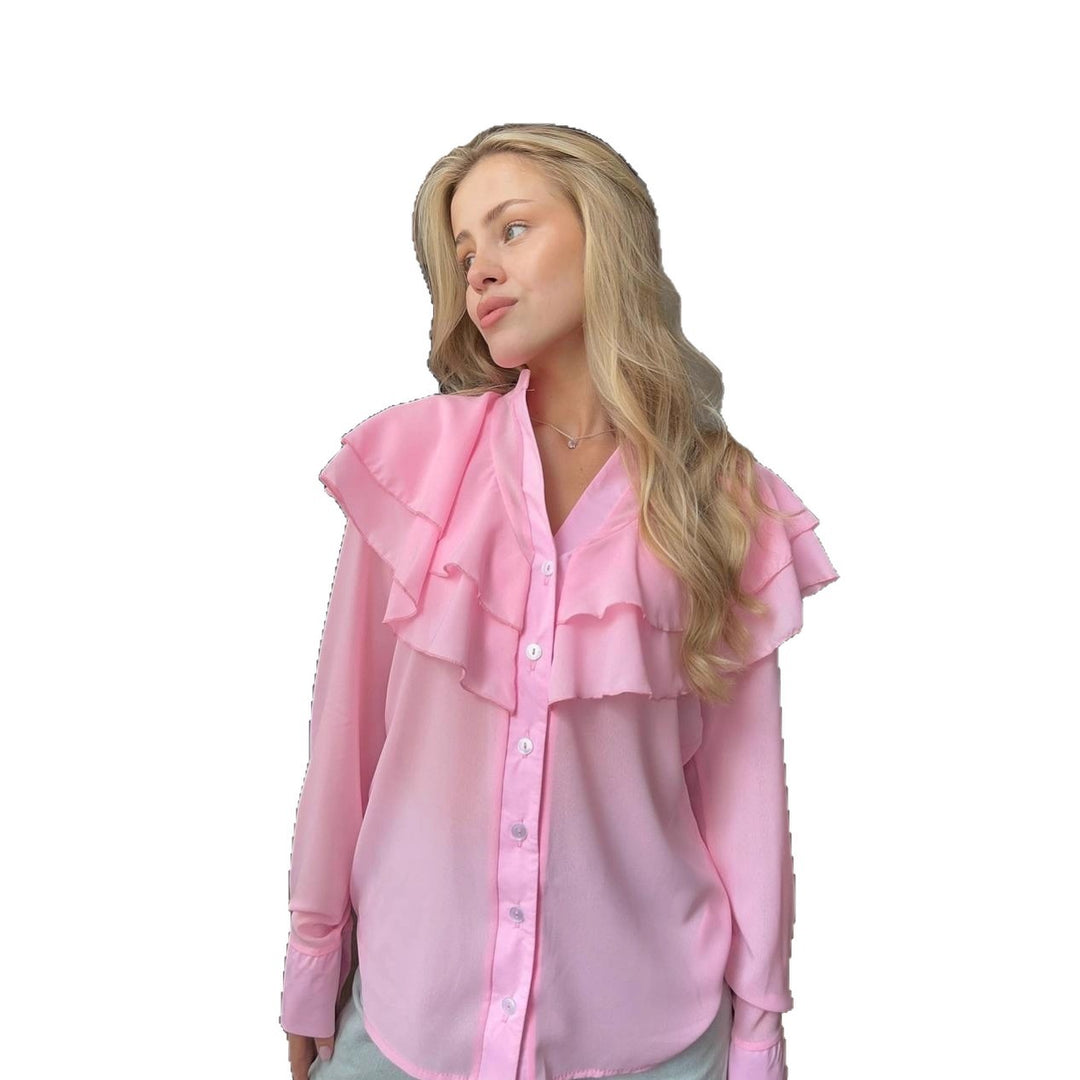 Women's chiffon blouse with layered ruffle and pearl buttons Mune Fashion
