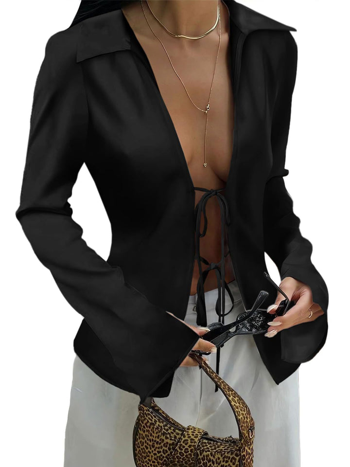 Women's blouse with deep V-neckline and tie ribbons tailored fit flared sleeves Mune Fashion