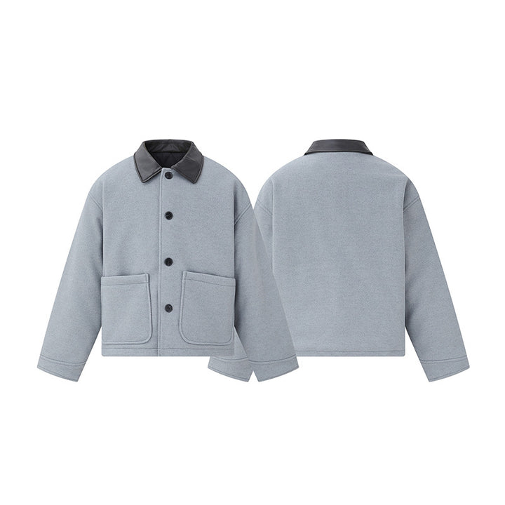 Unisex Short Blouson in minimalist Workwear look made of wool blend with leather look collar Mune Fashion