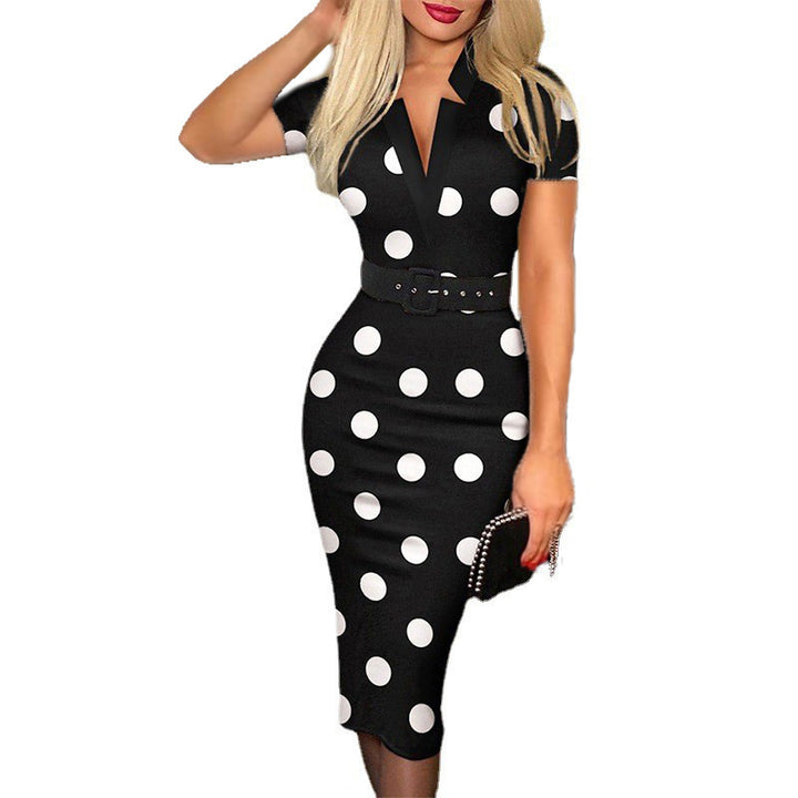 Women's Figure-Hugging Pencil Dress with Waist Belt and V-Neck Mune Fashion