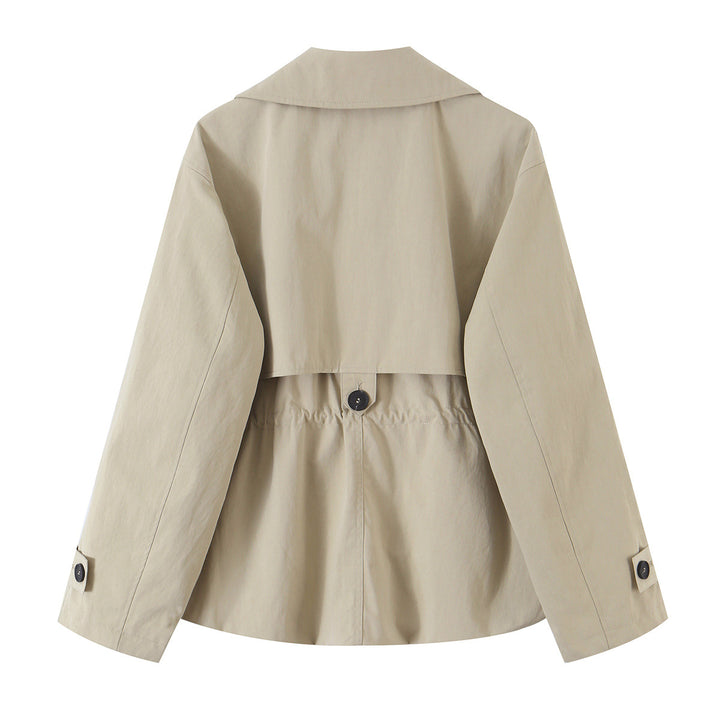 Women Short Fitted Trench Coat with Drawstring and Wide Lapels Mune Fashion