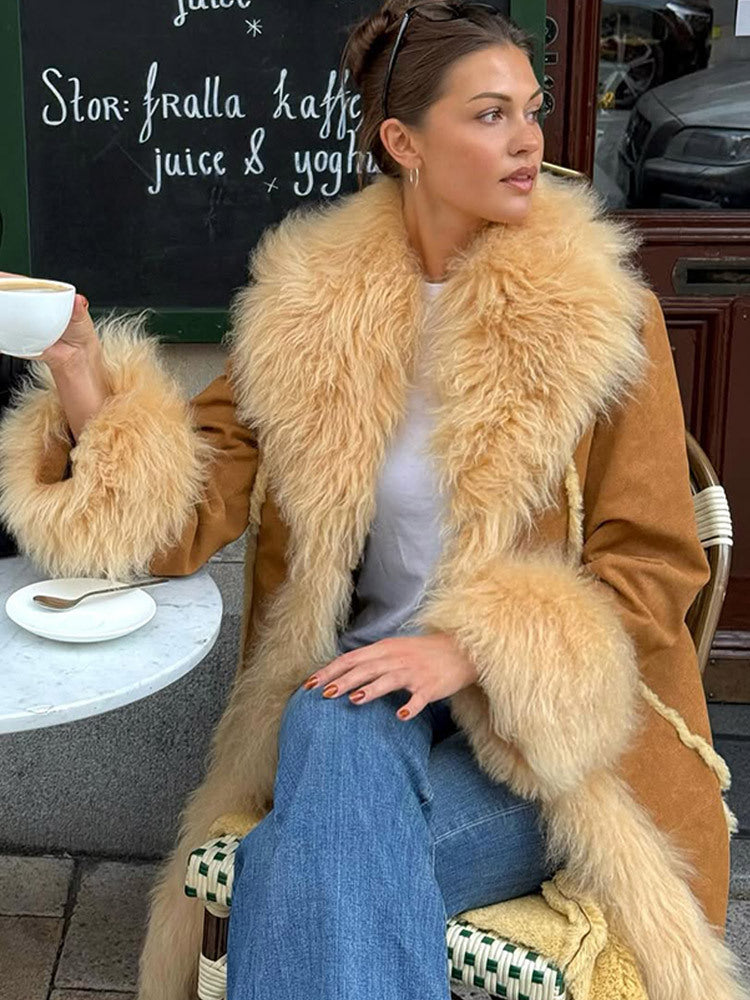 Women Long Shearling Imitation Coat with Voluminous Shawl Collar and Plush Cuffs Mune Fashion