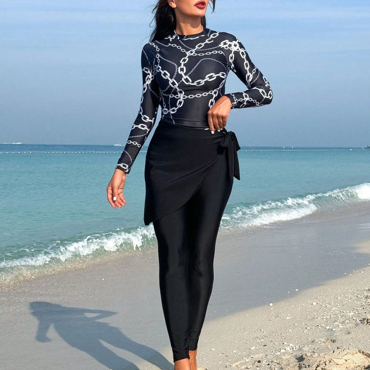 Women Fashionable Long Sleeve Swimwear Suit with Wrap Skirt Mune Fashion