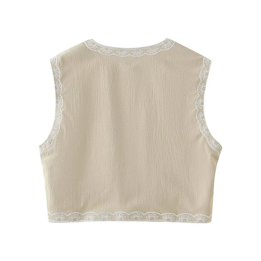 Women's embroidered short vest with floral embroidery, open front and fine hem decoration Mune Fashion