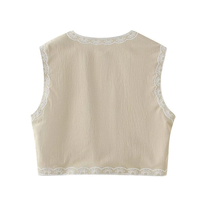 Women's embroidered short vest with floral embroidery, open front and fine hem decoration Mune Fashion