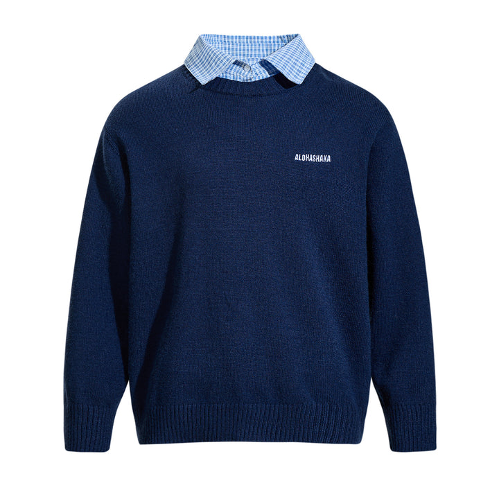 Men's round neck sweater with embroidered logo and layered shirt collar Mune Fashion