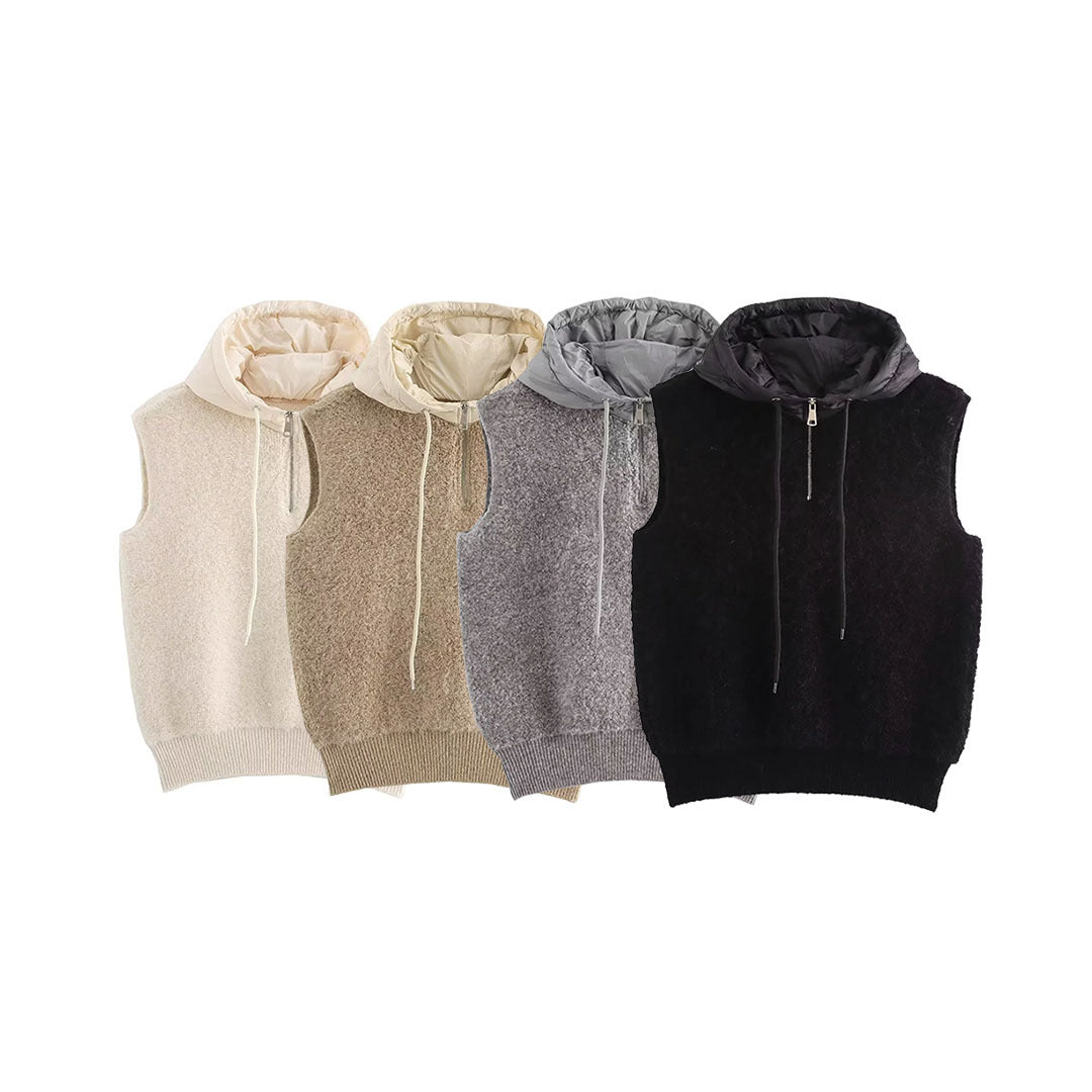 Women's sleeveless knitted vest with quilted hood and half zip Mune Fashion