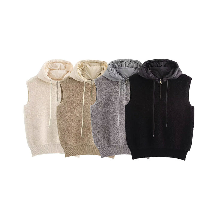Women's sleeveless knitted vest with quilted hood and half zip Mune Fashion