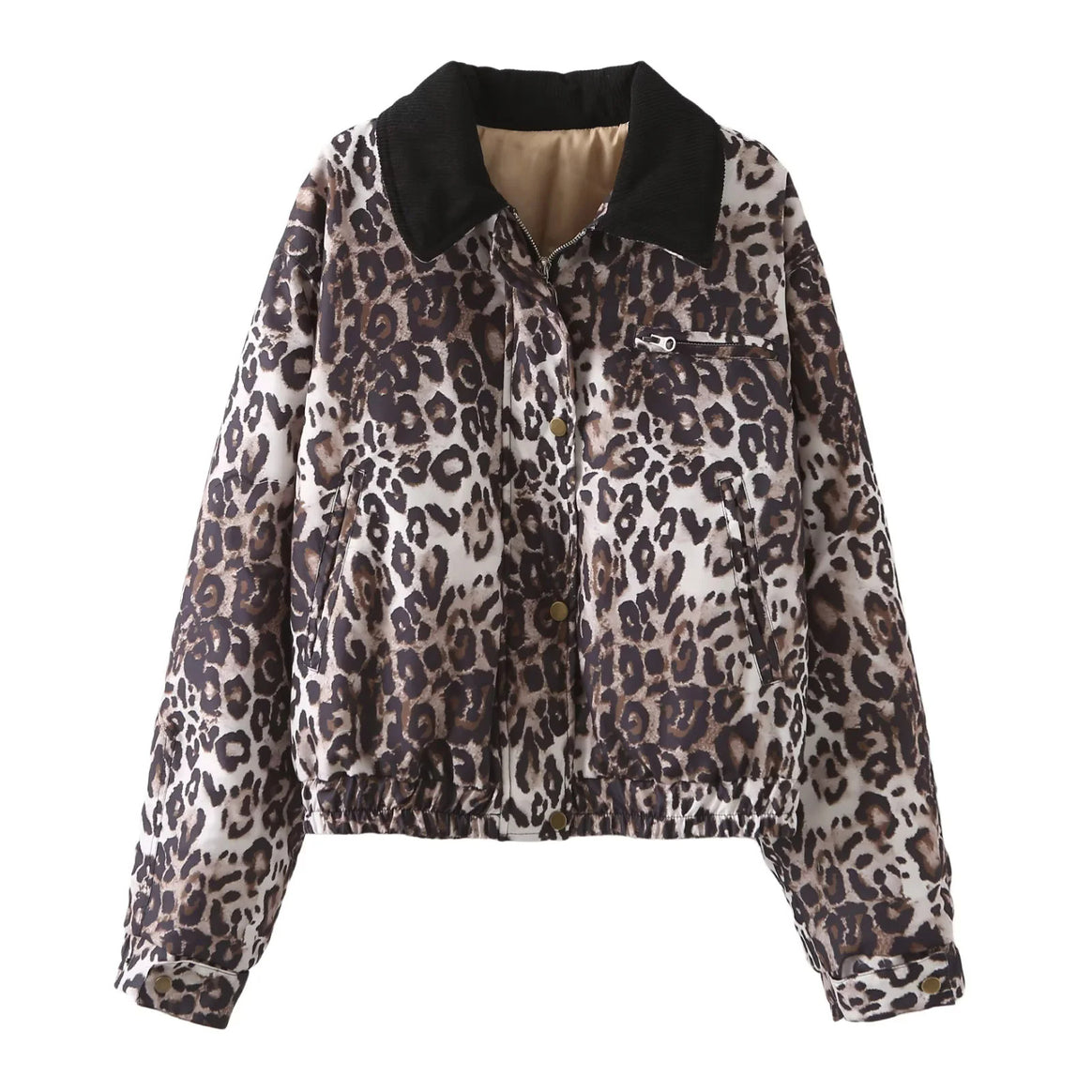 Women's cropped bomber jacket with corduroy collar, chest zipper, and elastic drawstring hem Mune Fashion