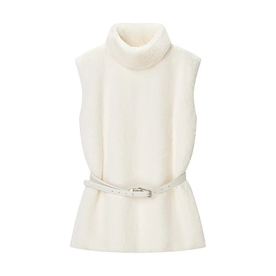 Women's sleeveless faux fur vest with high turtleneck and tailored leather belt Mune Fashion