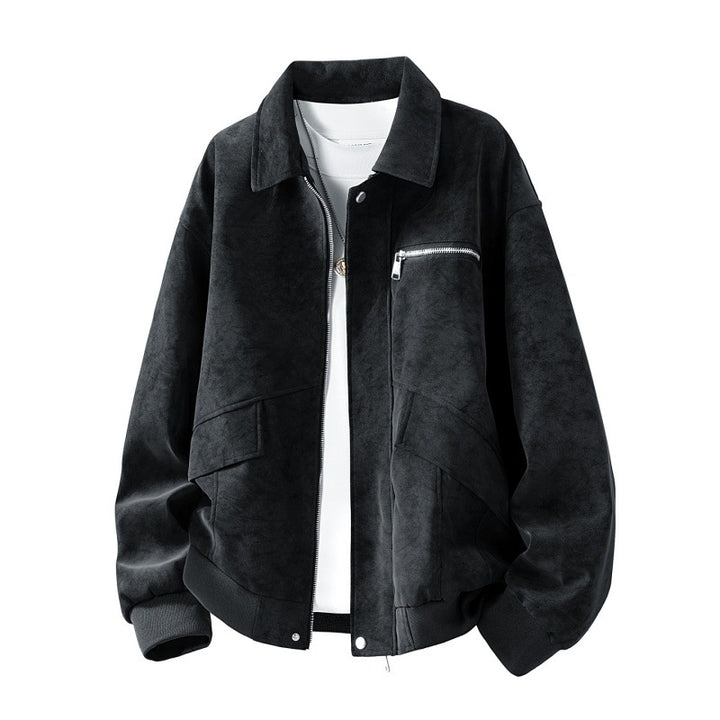 Men's boxy blouson jacket in suede leather look with chest zipper, flap pockets & ribbed hem Mune Fashion