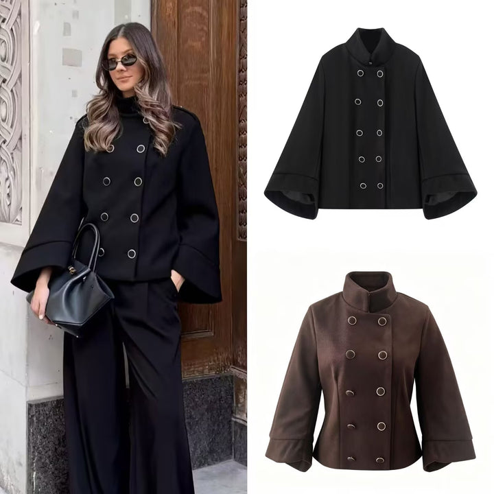 Women's short jacket in double-breasted with stand-up collar, tailored silhouette and bell sleeves Mune Fashion