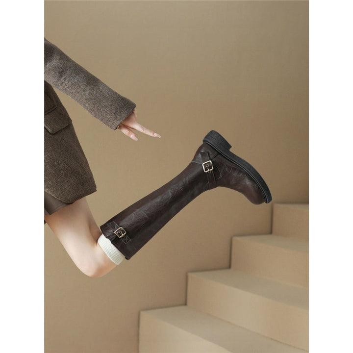 Women's Knee-High Combat Boots with Smooth Leather Look, Side Zipper and Decorative Buckles Mune Fashion
