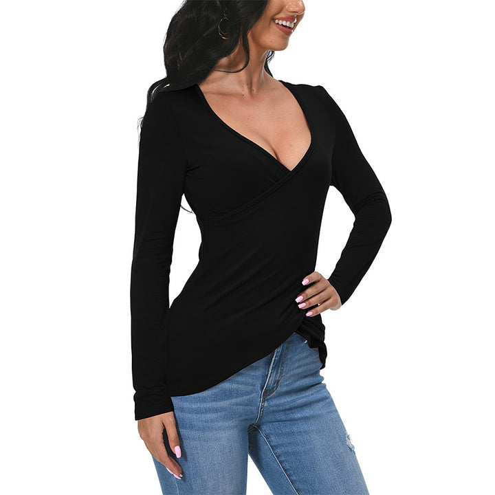 Women's form-fitting wrap shirt with deep V-neckline and overlapping hem Mune Fashion