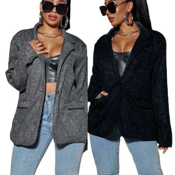 Women Glittering Oversized Blazer with Flap Pockets & Shimmering Texture Mune Fashion