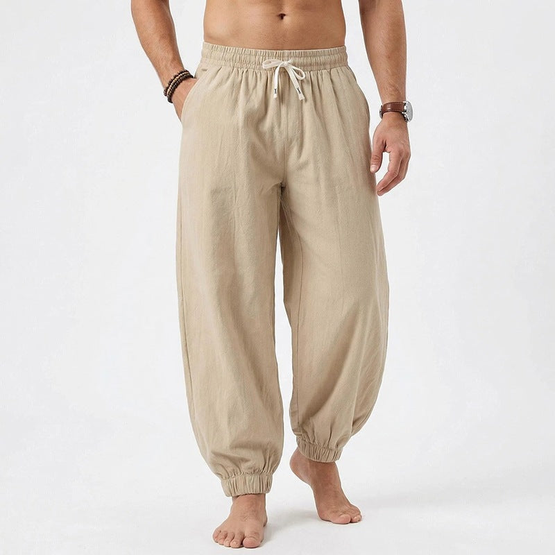 Men's relaxed harem pants made of linen blend with elastic drawstring waistband and gathered ankle closures Mune Fashion