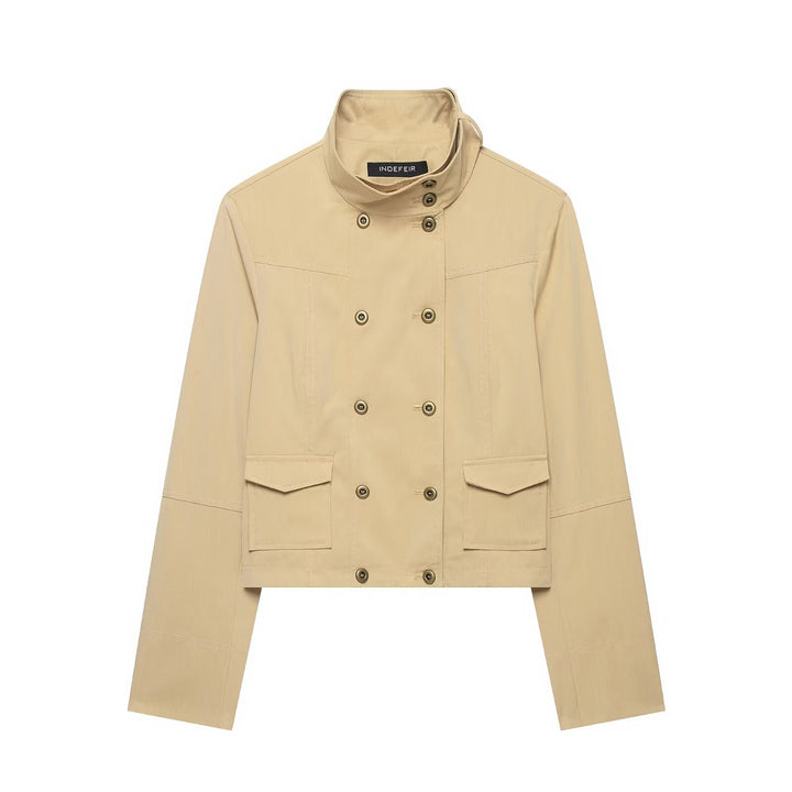 Women's Short Double-Breasted Utility Blouson with High Standing Collar and Flap Pockets