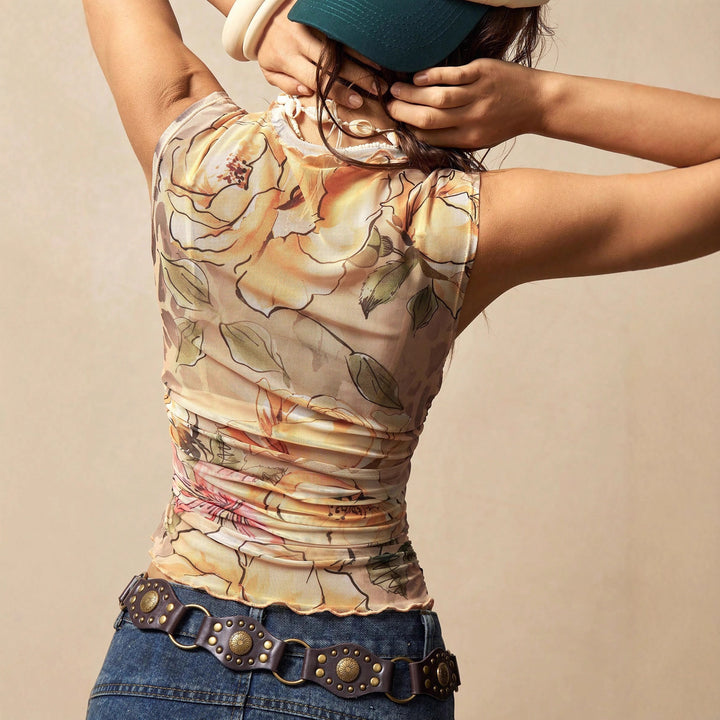 Ladies' figure-hugging mesh top with floral watercolor print, stand-up collar and side gathering Mune Fashion