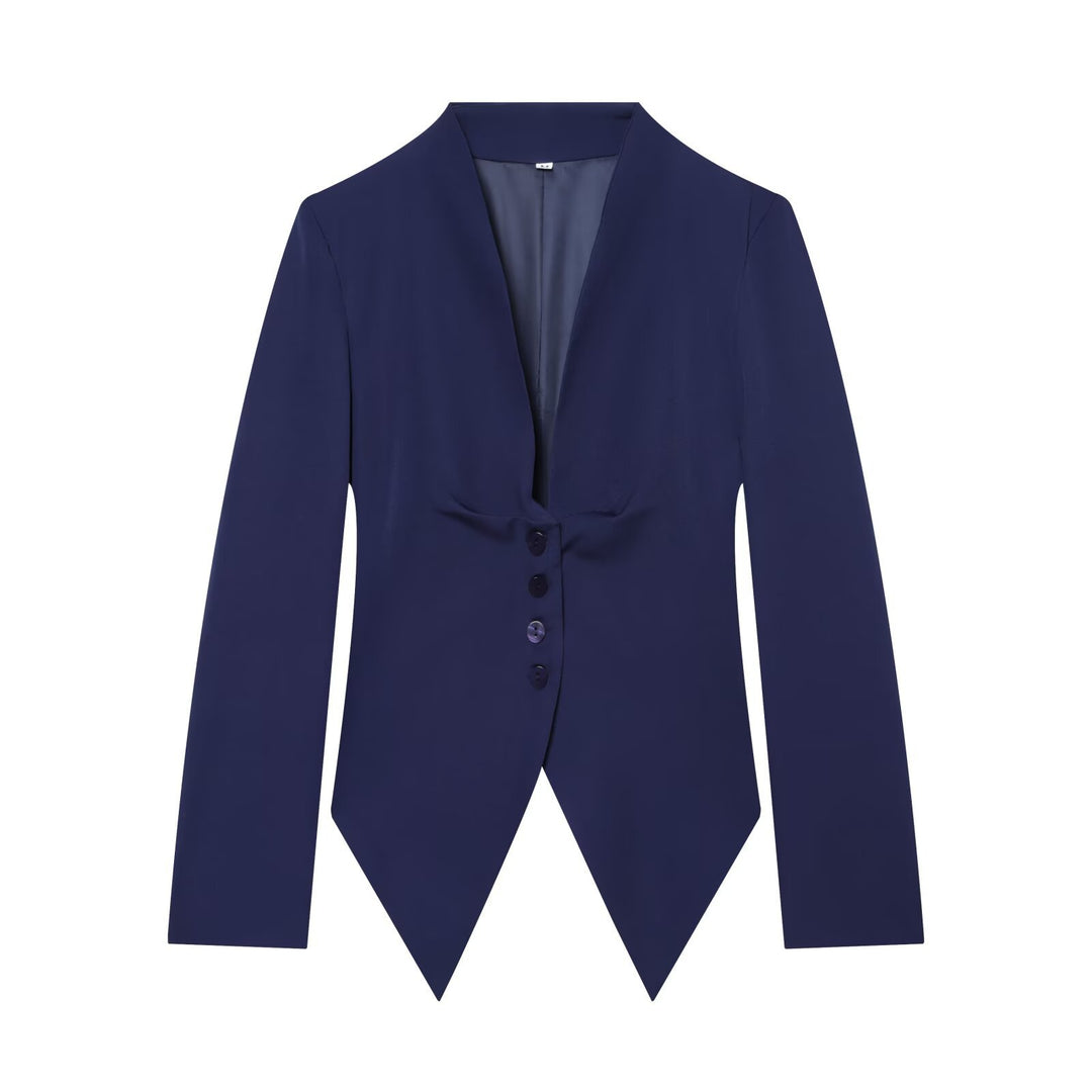Women's Tailored Cropped Blazer with Pointed Hem and Deep V-Neck Mune Fashion