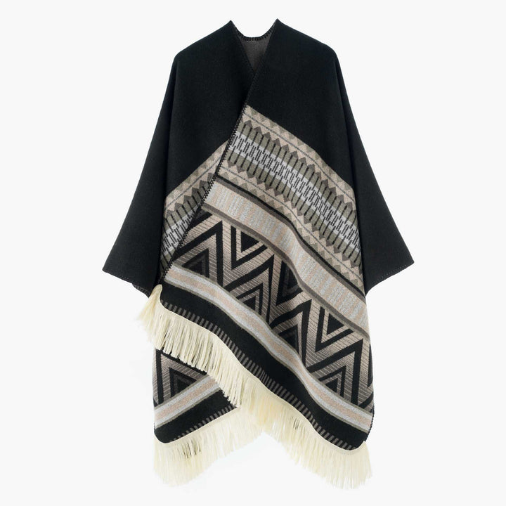 Women's Woven Ethno-Poncho with Fringes and Jacquard Pattern Mune Fashion