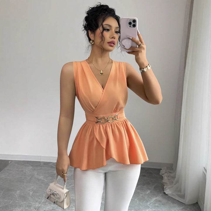 Women Tailored Wrap Top with Ruffle Peplum and Decorative Metal Belt Mune Fashion