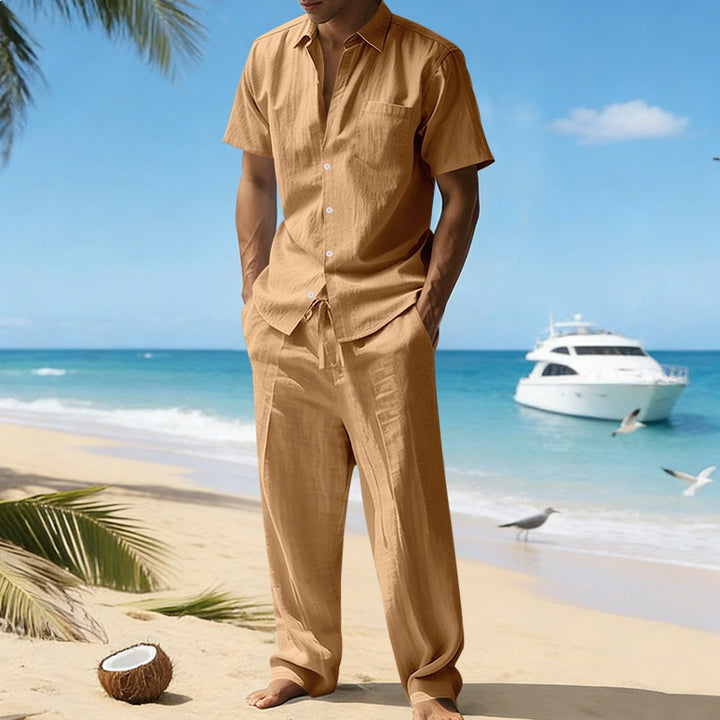 Men's resort-appropriate short-sleeve shirt with chest pocket and casual linen drawstring pants Mune Fashion