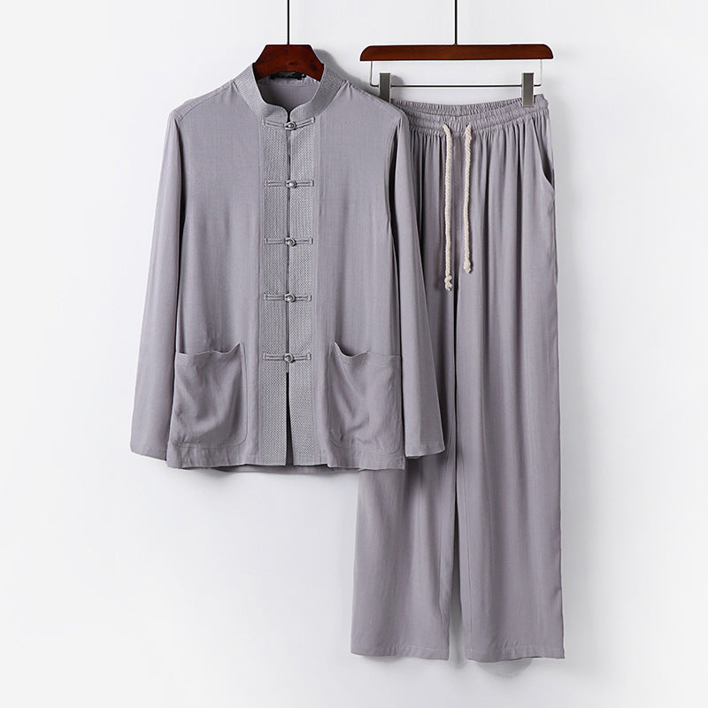 Men's Traditional Cotton Loungewear Set with Stand Collar, Knot Buttons and Drawstring Pants Mune Fashion