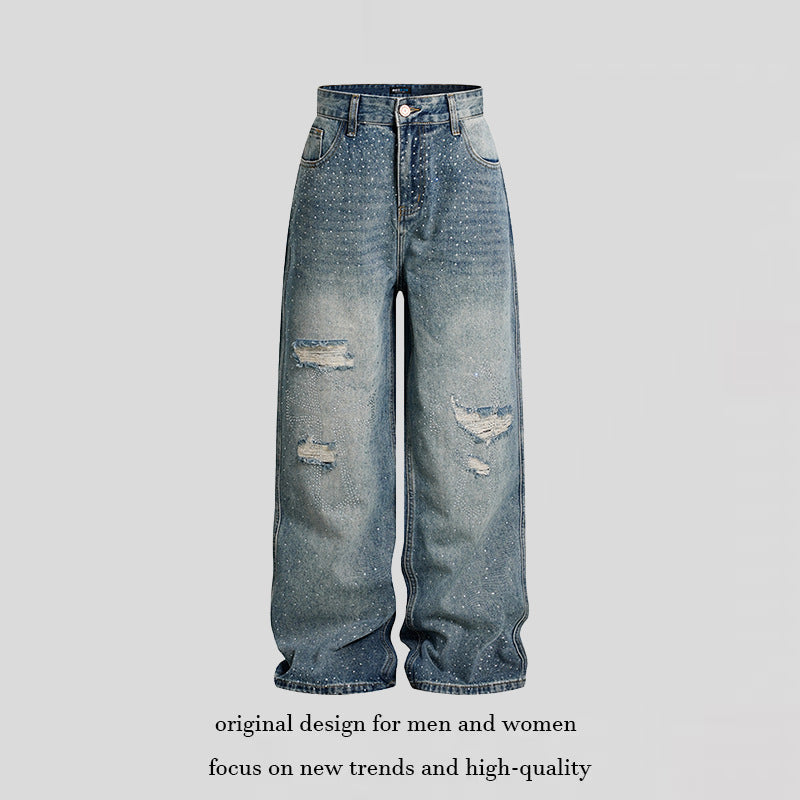 Ladies Wide High-Waist Denim Palazzo Jeans with Destroyed Details and Rhinestone Embellishment Mune Fashion