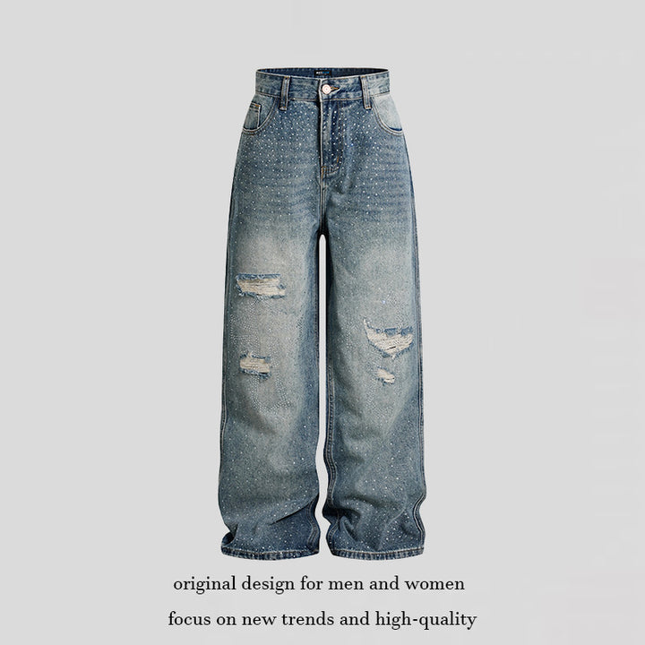 Ladies Wide High-Waist Denim Palazzo Jeans with Destroyed Details and Rhinestone Embellishment Mune Fashion