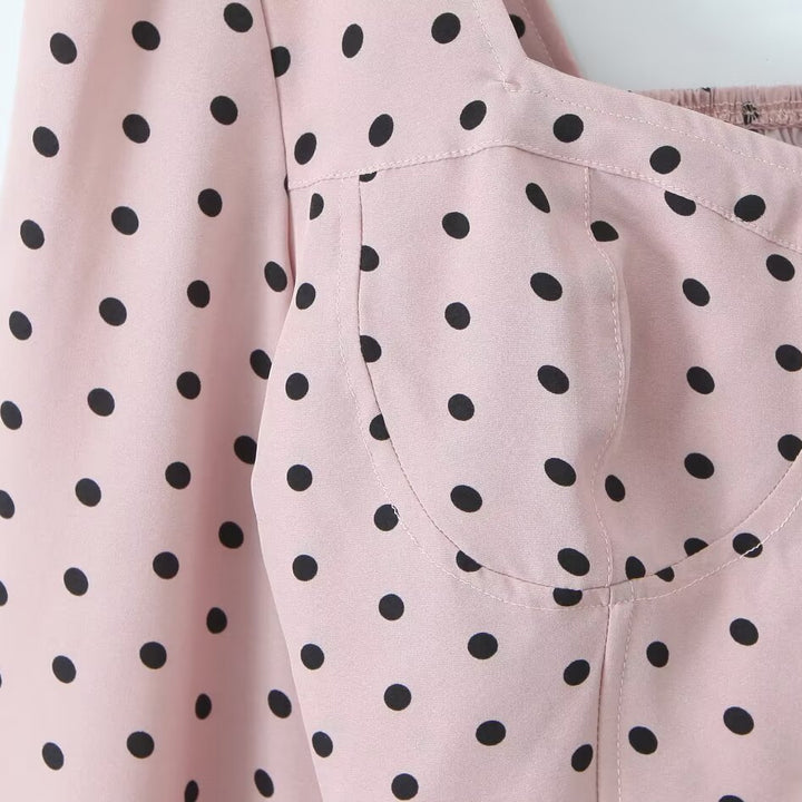 Ladies Polka Dot Bustier Crop Top with Puff Sleeves and Square Neckline Mune Fashion