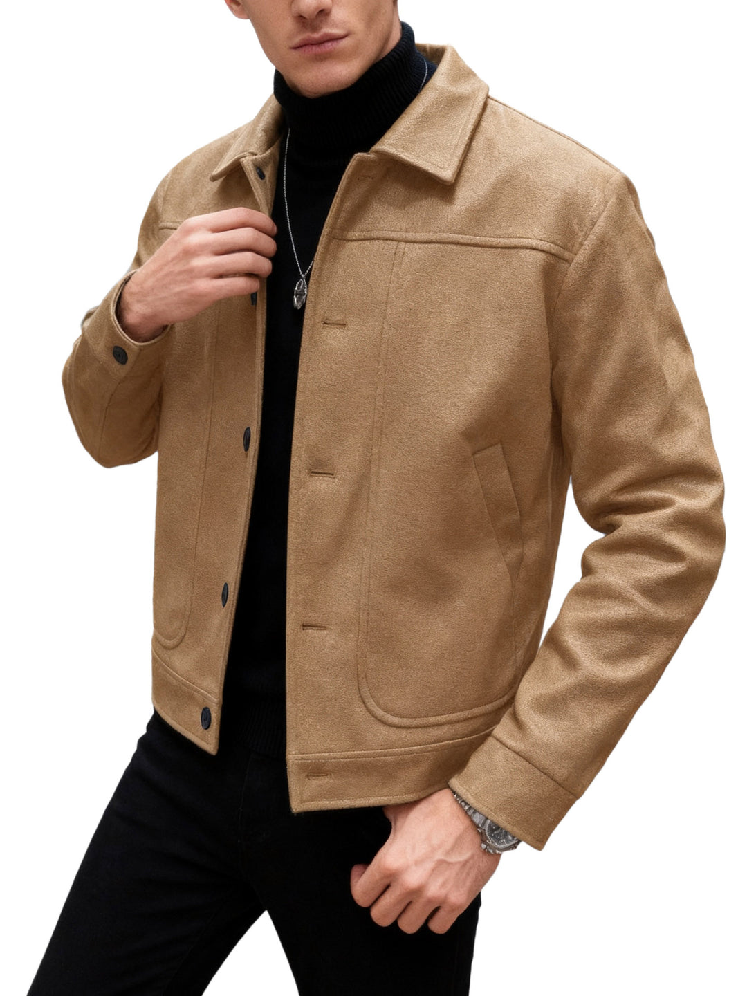Men's modern trucker overshirt made of suede imitation with decorative stitching and patch pockets Mune Fashion