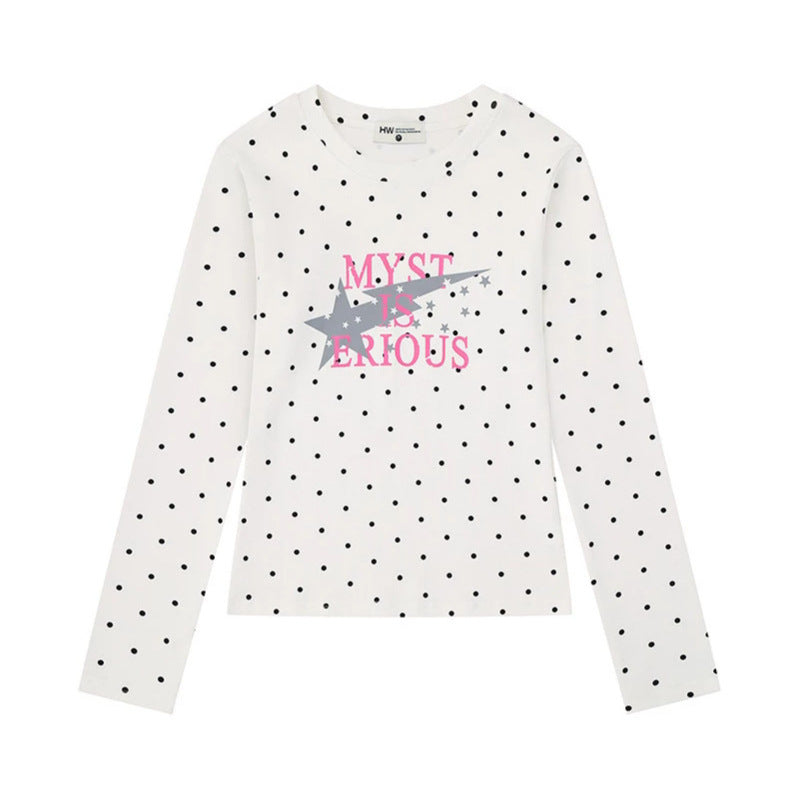 Women's long sleeve shirt with V-neck, polka dots and statement print made of cotton jersey Mune Fashion