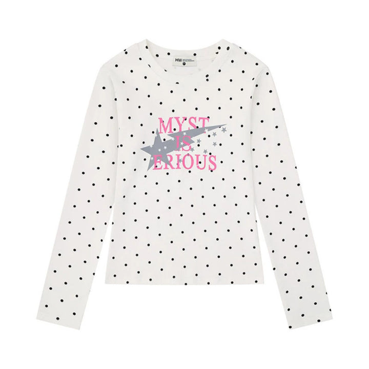Women's long sleeve shirt with V-neck, polka dots and statement print made of cotton jersey Mune Fashion