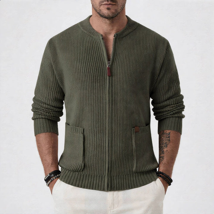 Men's Ribbed Cardigan with Front Zipper and Patch Pockets Mune Fashion