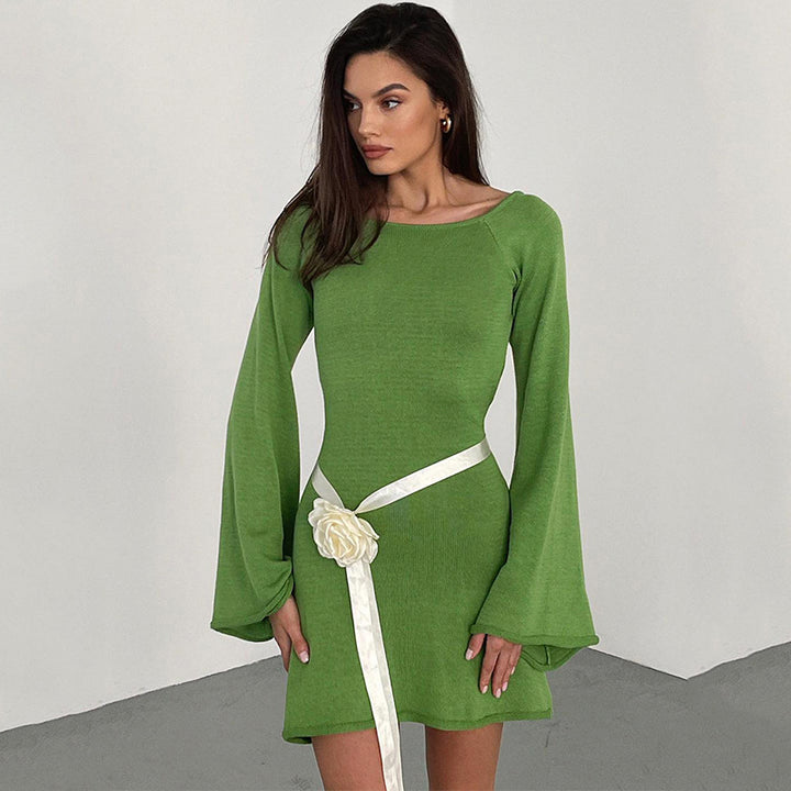Ladies Figure-Hugging Fine Knit Mini Dress with Flared Trumpet Sleeves Mune Fashion