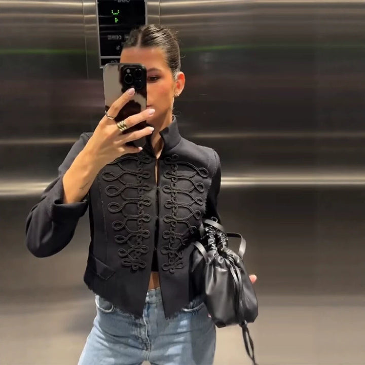 Women Short Military Inspired Jacket with Decorative Cords and Fringed Hem Mune Fashion